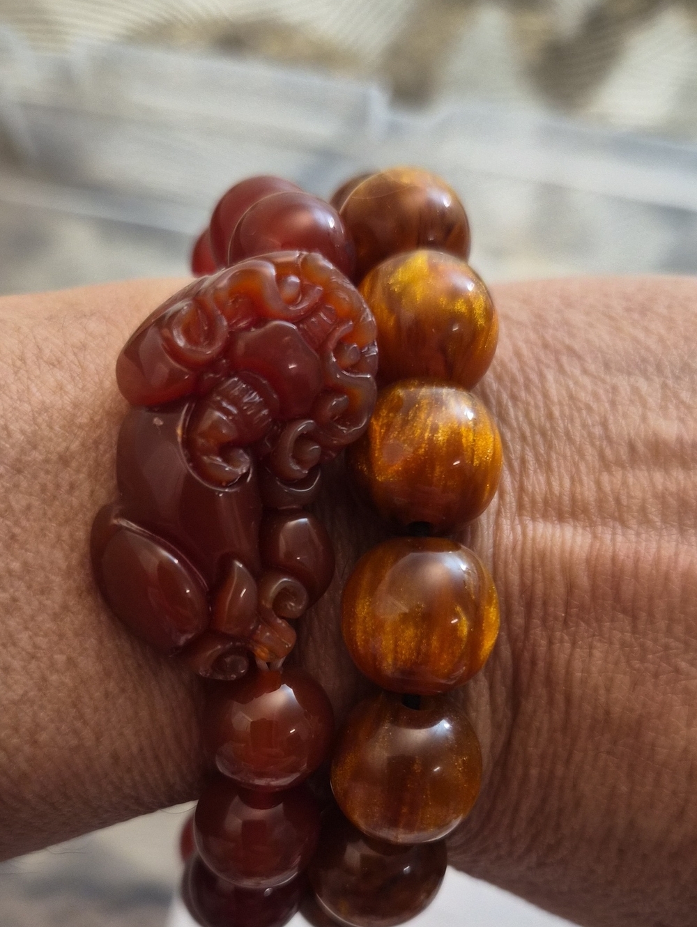Carved Red Agate and Amber-Tone Bead Bracelet Set
